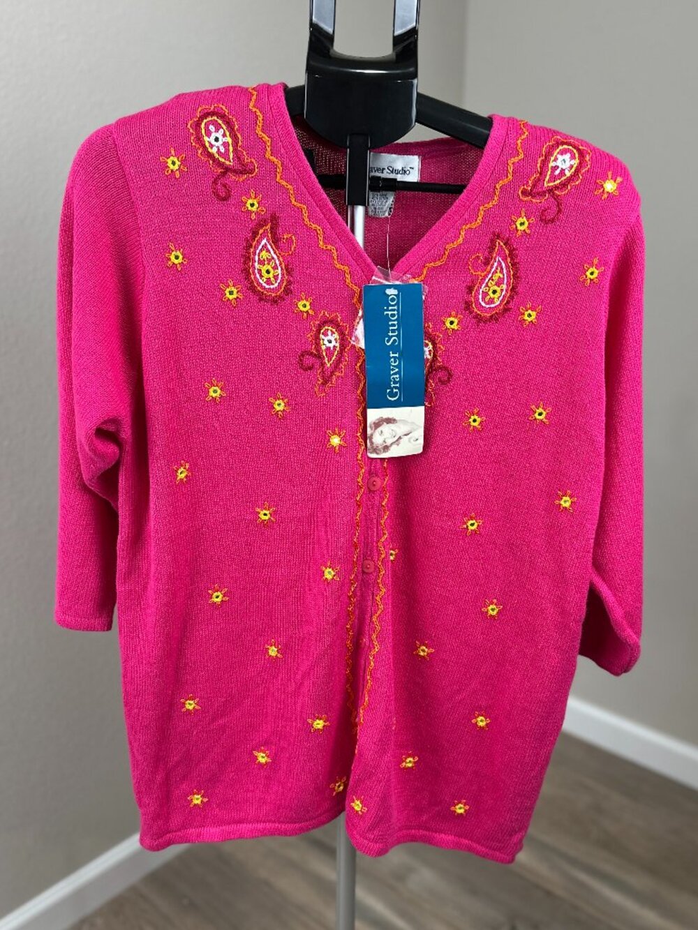 Vintage Graver Studio Pink Embroidered Paisley Ramie Cotton Cardigan Sweater M N